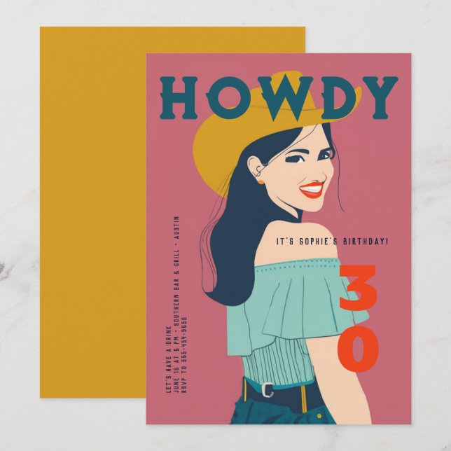 Convite Howdy 30 Western Retro-Rosa aniversário de 30 anos (Frente/Verso)