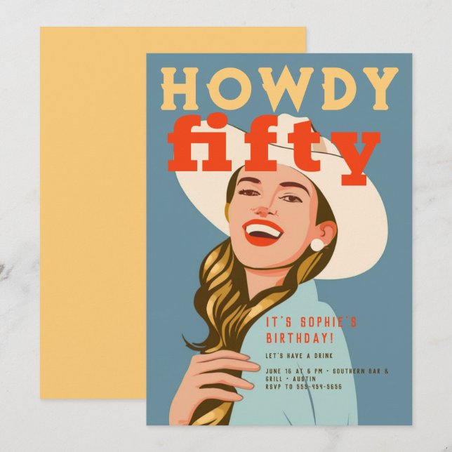 Convite Howdy 50 Western Retro Chic Blue 50º aniversário (Frente/Verso)