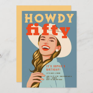 Convite Howdy 50 Western Retro Chic Blue 50º aniversário
