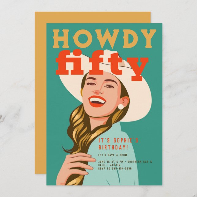 Convite Howdy 50 Western Retro Chic Green 50º aniversário (Frente/Verso)