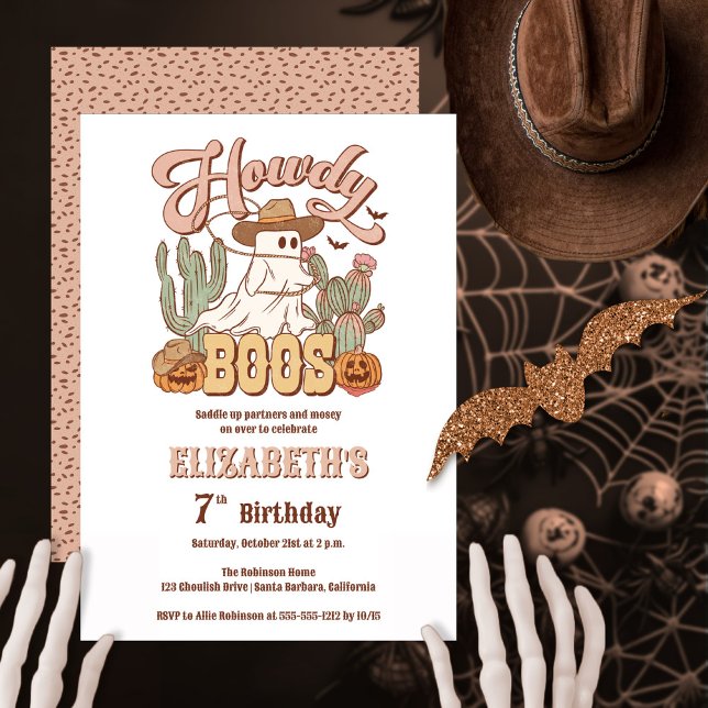 Convite Howdy Boos Ghost Halloween Festa de aniversário ("Howdy Boos" Halloween western-themed girl's birthday party design)
