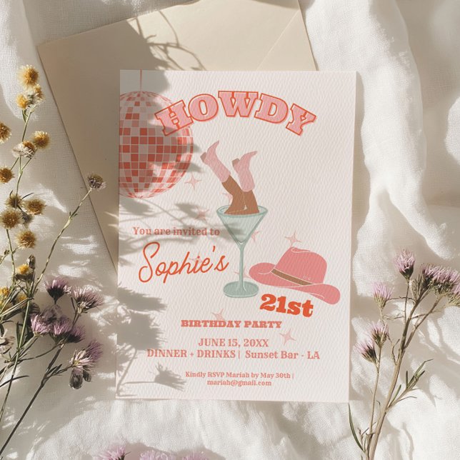 Convite Howdy Martini aniversário de 21 anos Cowgirl (Howdy Martini 21st Birthday Cowgirl Invitation)