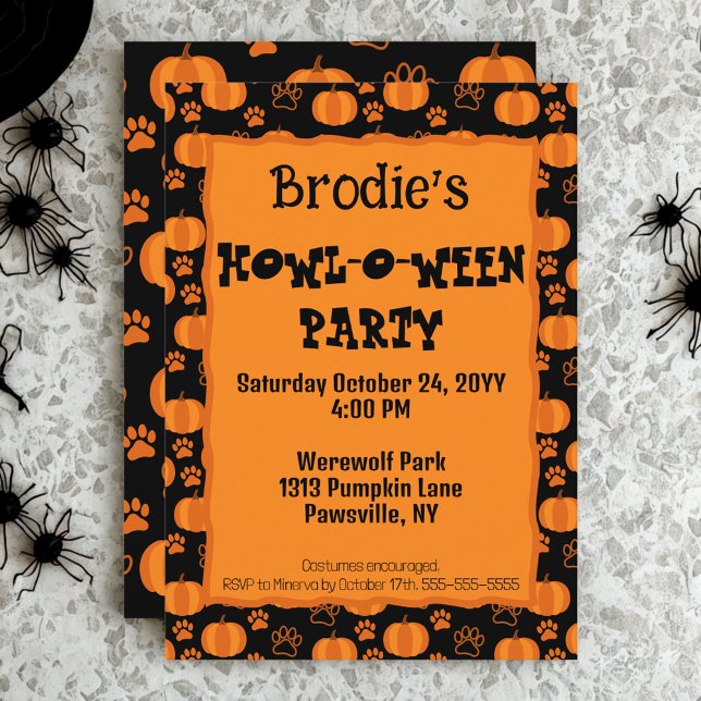 Convite Howl-O-Ween Dog Party Halloween Invitation (Plan a Howl-O-Ween party for your pup with this cute pumpkins and paws dog Halloween party invite)