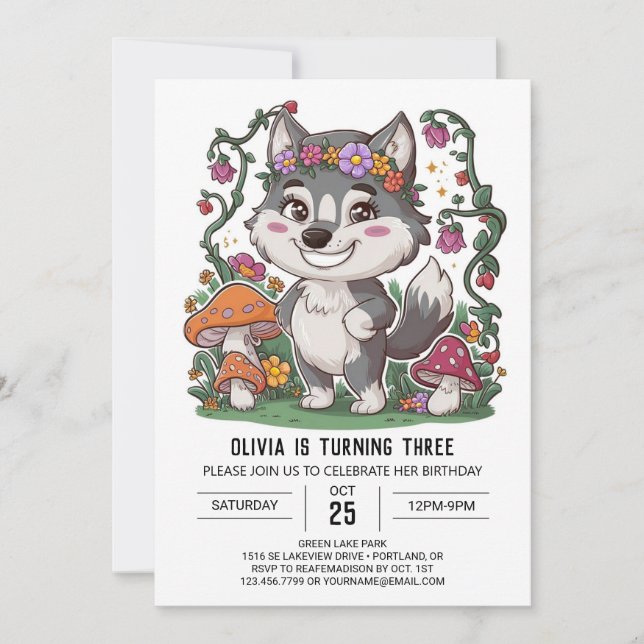 Convite Howling Whimsical Digital Wolf Birthday (Frente)