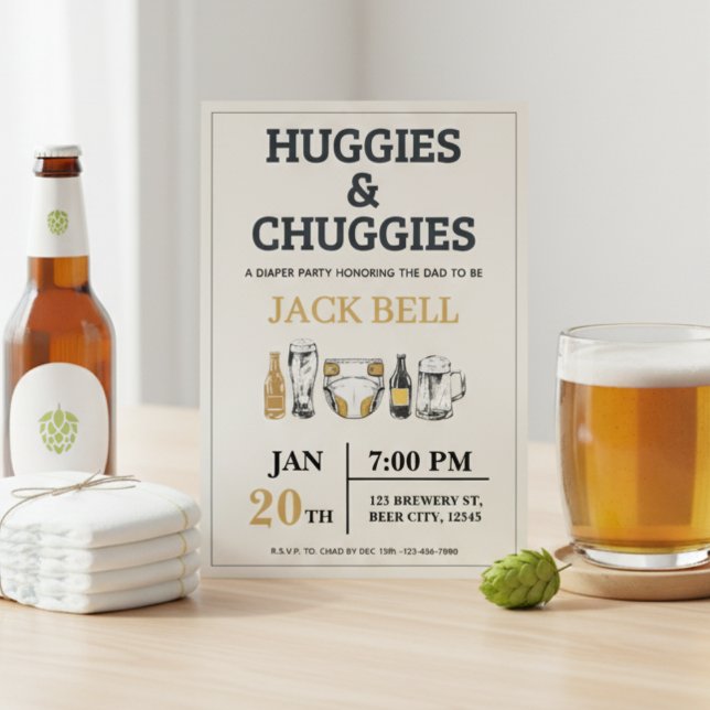 Convite Huggies and Chuggies Invitation (Huggies and chuggies invite on table with beers and diapers)