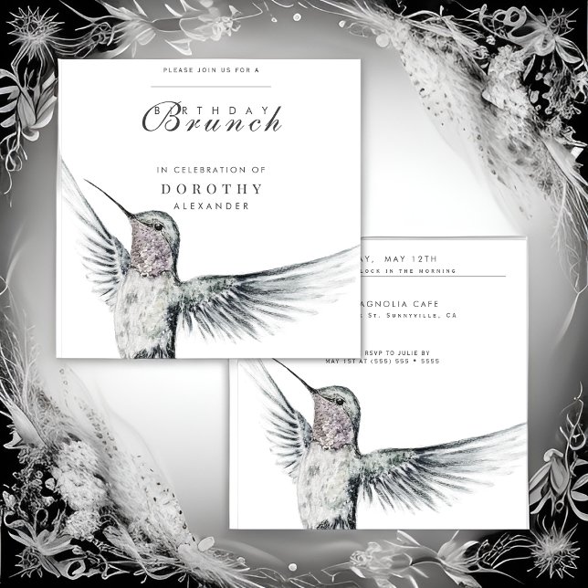 Convite Hummingbird Black and White ANY Birthday Brunch (Criador carregado)