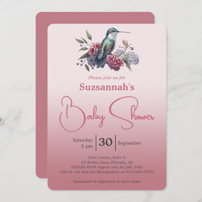 Convite Hummingbird & Flowers Burgundy Ombre Baby Shower (Frente/Verso)