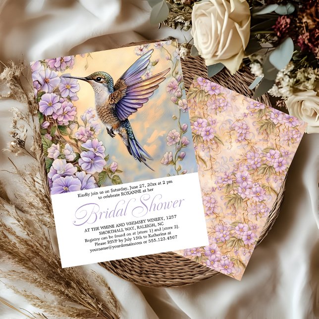 Convite Hummingbird Lavender Flowers Bridal Shower | (Criador carregado)