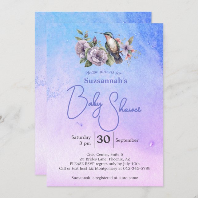 Convite Hummingbird Pastel Watercolor Baby Shower  (Frente/Verso)