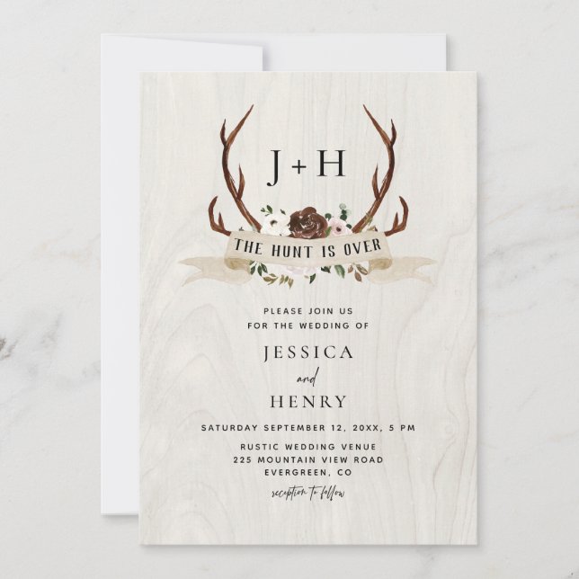Convite Hunt is Over Rustic Antlers QR Code Wedding  (Frente)