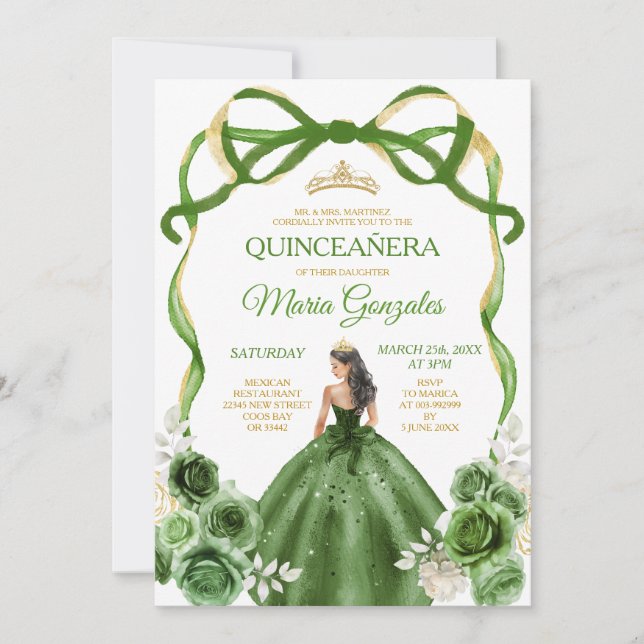 Convite Hunter Green Arco Princesa Dourada Quinceañera (Frente)