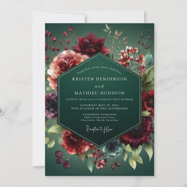 Convite Hunter Green Baroque Flora Wedding (Frente)