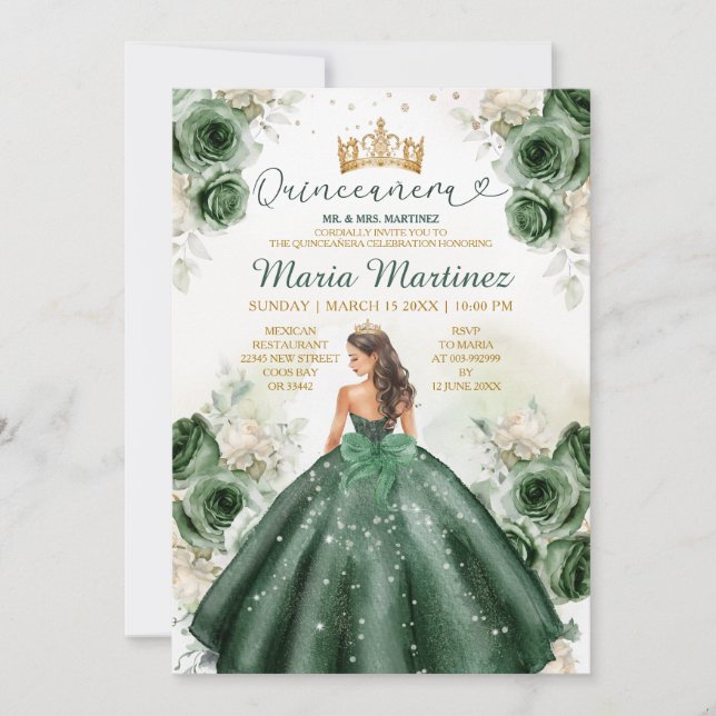 Convite Hunter Green Floral Princesa Dourada Quiñceanera (Frente)