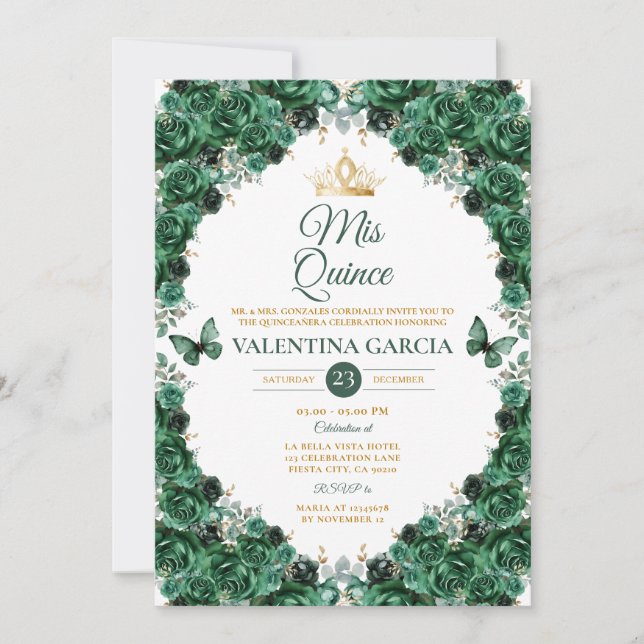 Convite Hunter Green Quinceañera 15 Anos Floral Gold Crown (Frente)