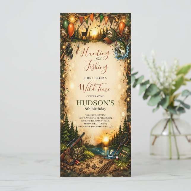 Convite Hunting and Fishing Camo Boy birthday Invitation (Em pé/Frente)