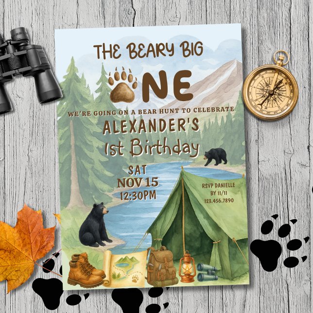 Convite Hunting Camping Beary First Boy 1st Birthday (Criador carregado)