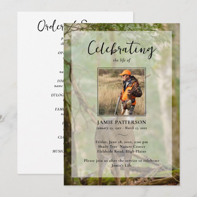 Convite Hunting Hunter Outdoorsman Photo Funeral Program  (Frente/Verso)
