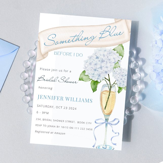 Convite Hydrangea Azul Algo Chá de panela Azul (Something Blue Before I Do Blue Hydrangea Bridal Shower Invitation)