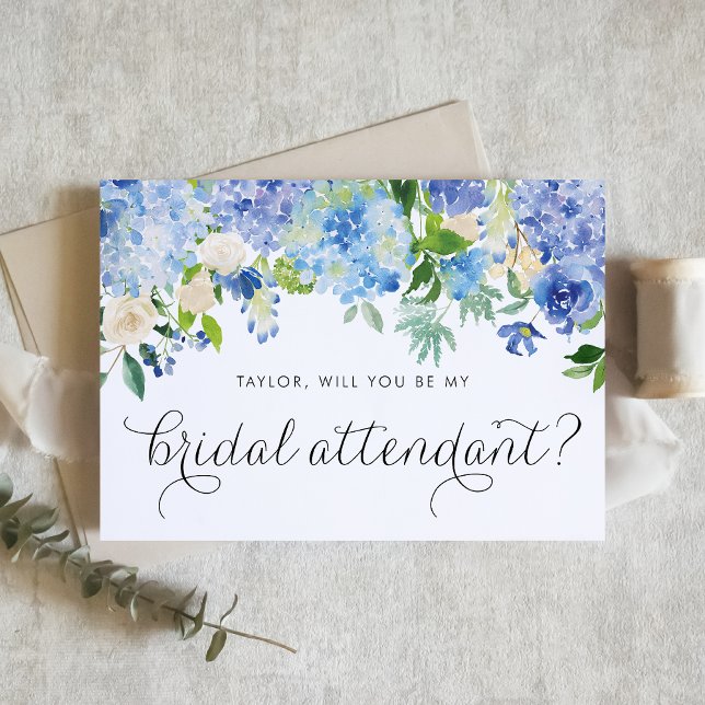 Convite Hydrangea Azul e Atendedor Branca Brida Rosa (Elegant blue hydrangea and white rose card to ask someone to be your bridal attendant.)