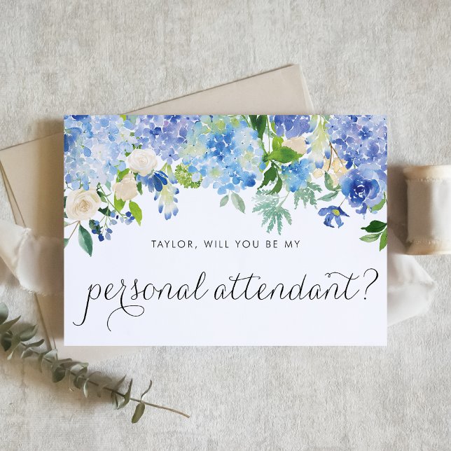 Convite Hydrangea Azul e Atendedor Pessoal de Rosa Branca (Elegant blue hydrangea and white rose proposal card to ask someone to be your personal attendant.)
