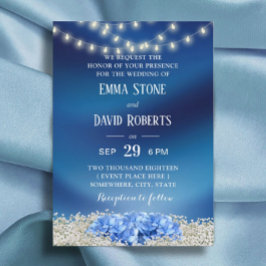 Convite Hydrangea Azul e Luzes de Corda Marinho Casamento 