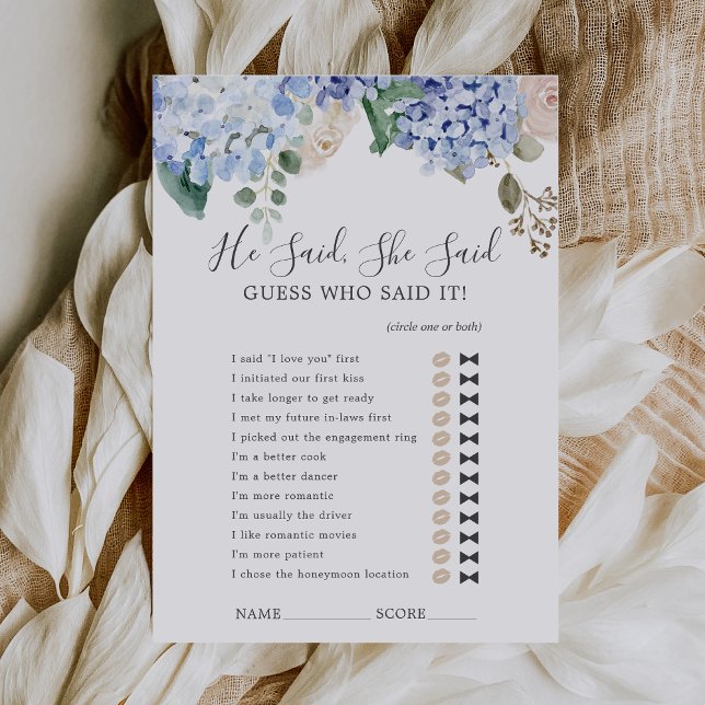 Convite "Hydrangea Azul" Ele Disse Que Ela Disse Que Ela D (Blue Hydrangea He Said She Said Shower Game Card)