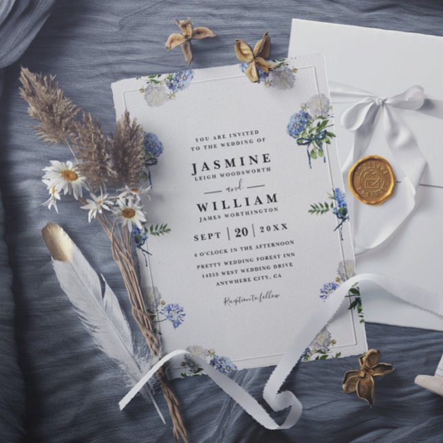 Convite Hydrangea Bouquet Blue Elegant QR Code Wedding (Criador carregado)