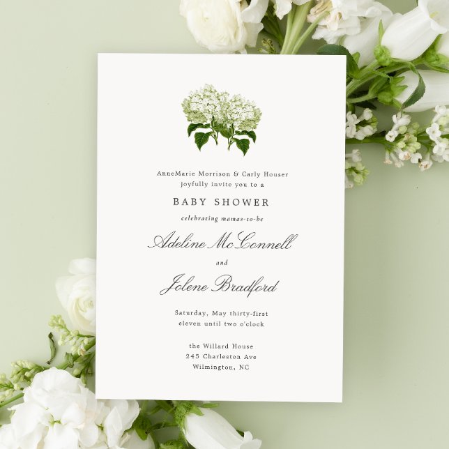 Convite Hydrangea branca Chá de fraldas duplo do milênio (double mama baby shower with green and white hydrangea flowers and elegant grand millennial text)