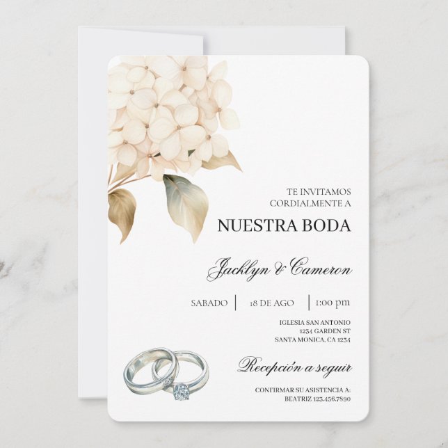 Convite Hydrangea branca com anel Casamento Espanhol (Frente)