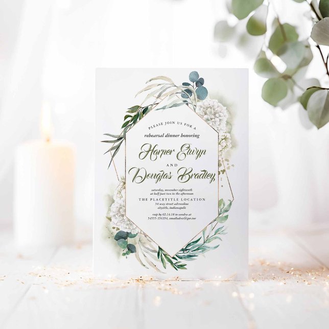 Convite Hydrangea branca e Janto de ensaio Greenerescente (Greenery Rehearsal Dinner Invitations)