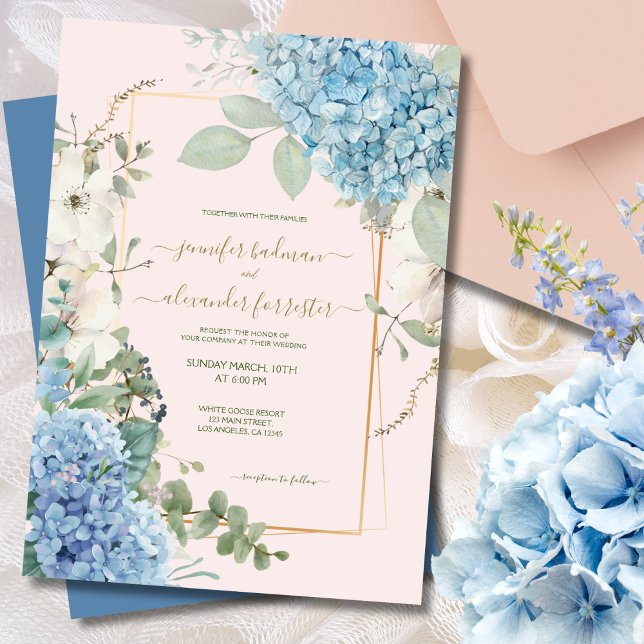 Convite Hydrangea Cor da Água Pintada Casamento Azul (Criador carregado)