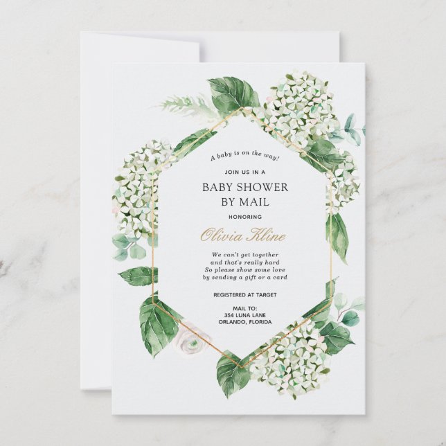 Convite Hydrangea Dourado Frame Chá de fraldas por Email (Frente)