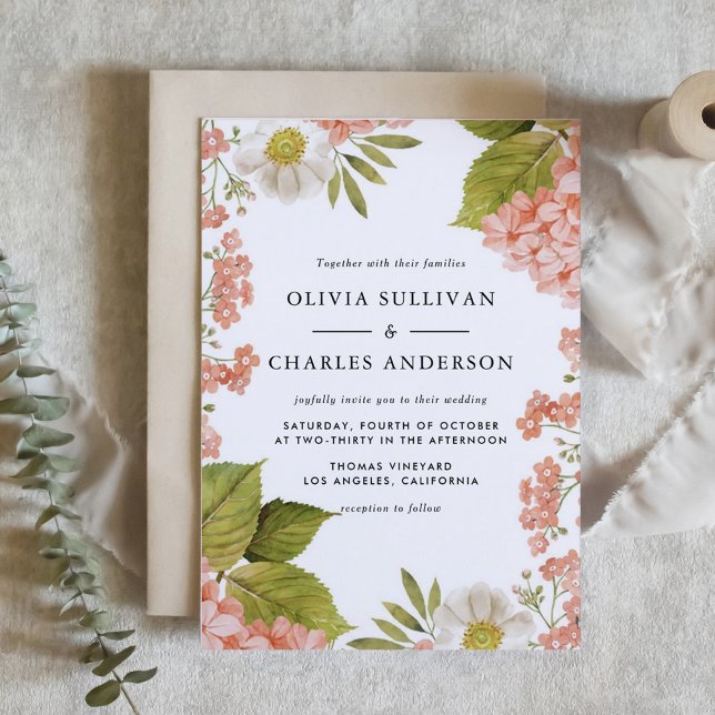 Convite Hydrangea e Casamento com Anêmonas (Botanical Watercolor Peach Hydrangeas and White Anemones Wedding Invitation)