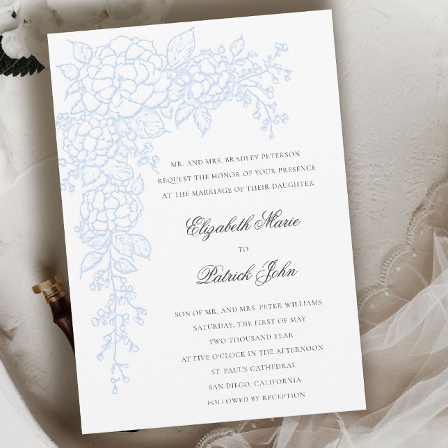 Convite Hydrangea Luminous Blue Formal Classic Wedding (hydrangea wedding invitation formal traditional modern classic art sketch parents host blue)