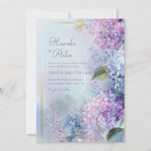 Convite Hydrangea Pastel Misty Quadro Dourado Casamento