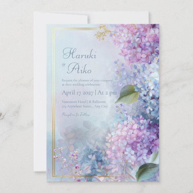 Convite Hydrangea Pastel Misty Quadro Dourado Casamento (Frente)