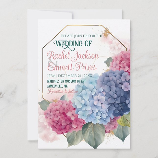 Convite Hydrangea Romântica Dourada Moldura de Casamento C (Frente)