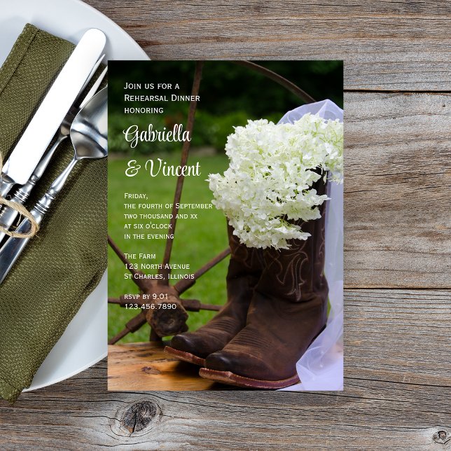 Convite Hydrangea Rustic Boots Janto de Ensaios Ocidentais (Criador carregado)