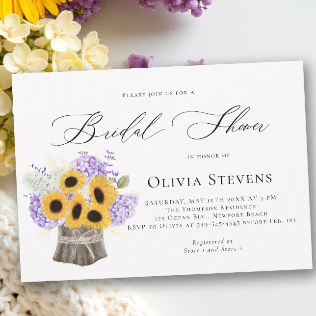 Convite Hydrangea Sunflowers Lilac Rustic Bridal Shower (bridal shower invitation sunflower lilac hydrangea rustic elegant barn outdoors garden backyard)