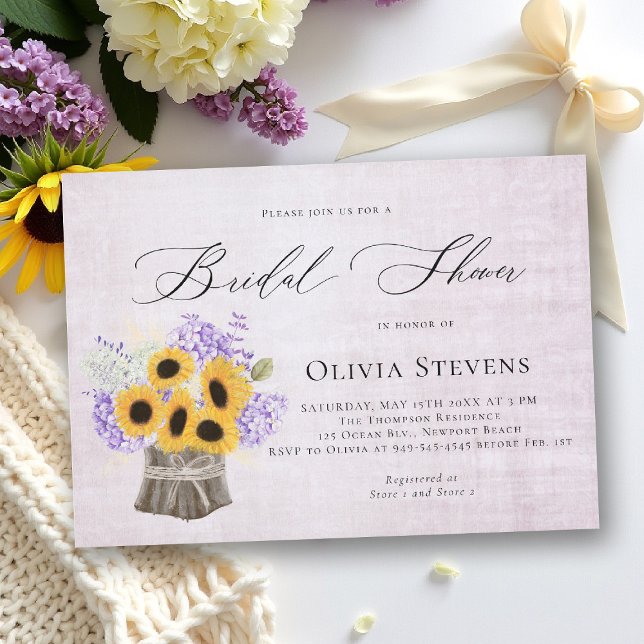 Convite Hydrangea Sunflowers Lilac Vintage Bridal Shower (bridal shower invitation sunflower lilac hydrangea elegant barn outdoors garden backyard rustic)