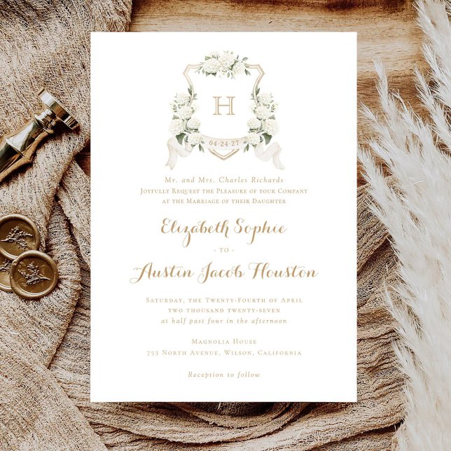 Convite Hydrangea White Greenery Crest Monograma Casamento (Criador carregado)