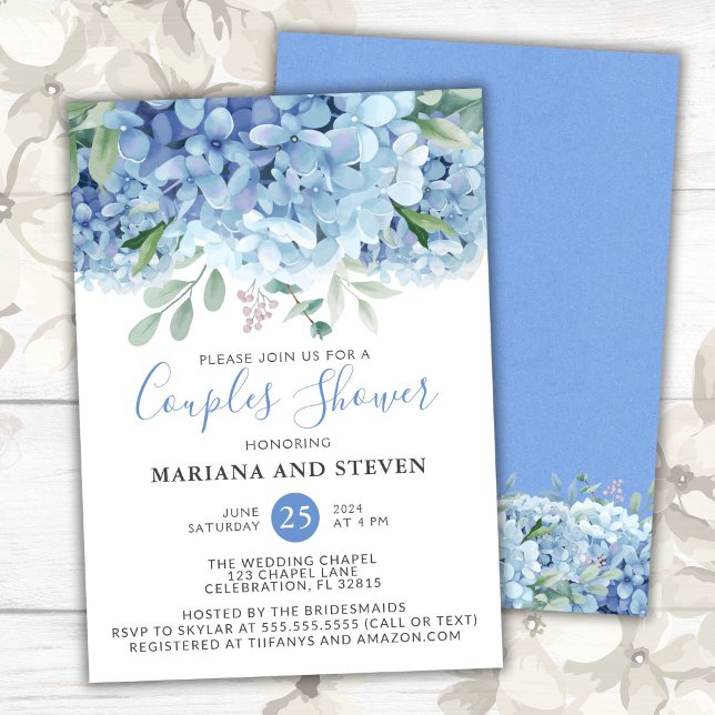 Convite Hydrangeas Azuis Casal de Noivos Floral Chuveiro (Criador carregado)