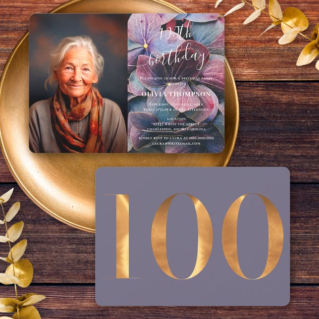 Convite Hydrangeas Azuis Douradas 100ª Foto de Aniversário (Front / Back)