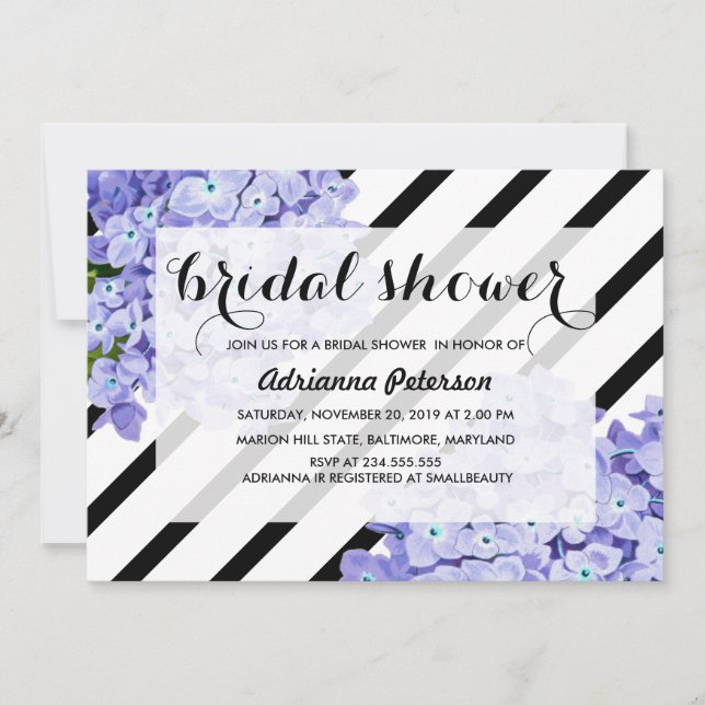 Convite Hydrangeas Azul Chá de panela Floral Stripes (Frente)