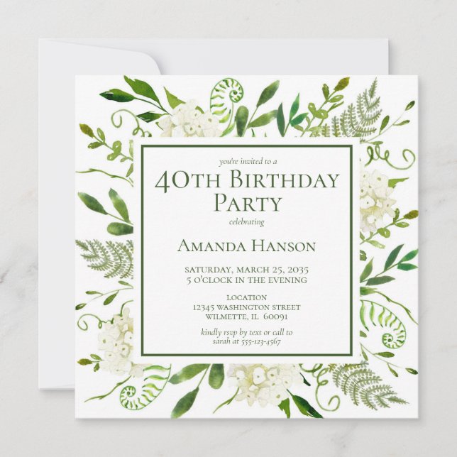 Convite Hydrangeas Brancas para 40º Aniversário (Frente)