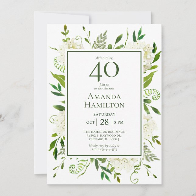 Convite Hydrangeas Brancas para 40º Aniversário (Frente)