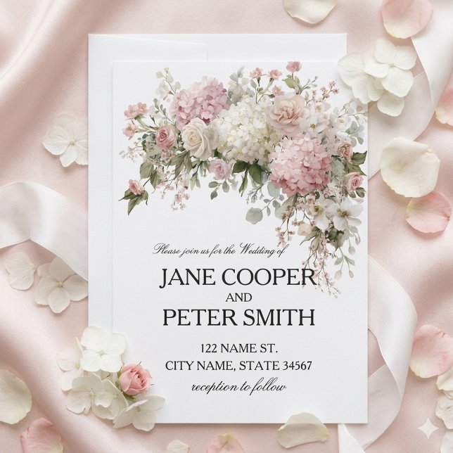 Convite Hydrangeas e rosas pastéis Casamento econômico (Criador carregado)