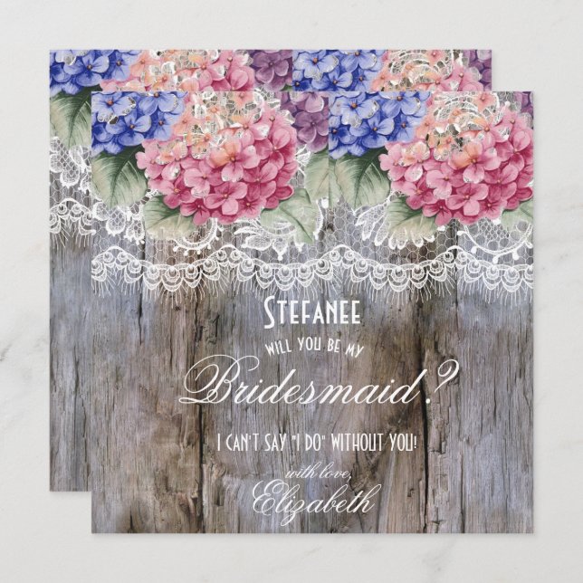 Convite Hydrangeas Lace & Barn Wood Bridesmaid Request (Frente/Verso)
