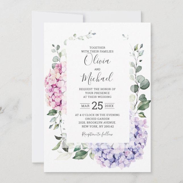 Convite Hydrangeas Rosa Azul Claro e casamento Eucalyptus (Frente)
