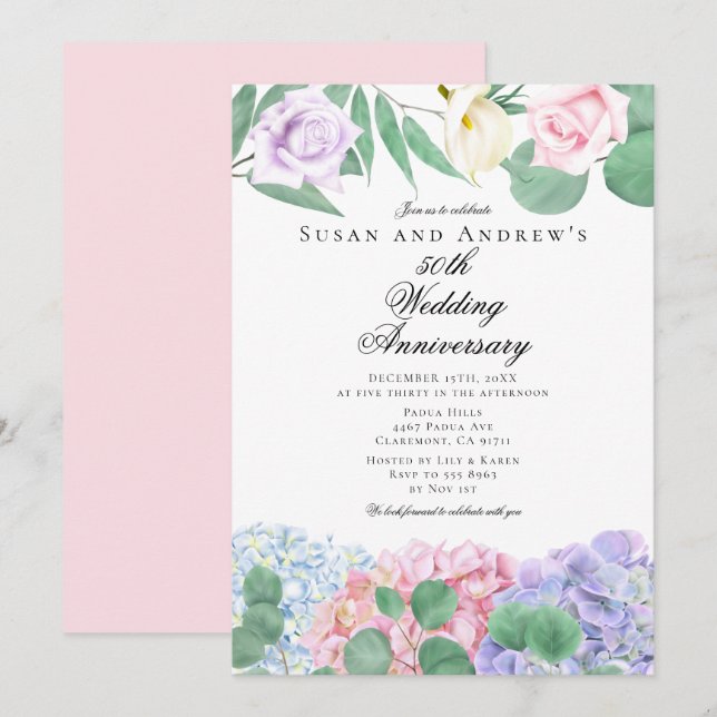 Convite Hydrangeas Roses Wedding Anniversary Invitations (Frente/Verso)